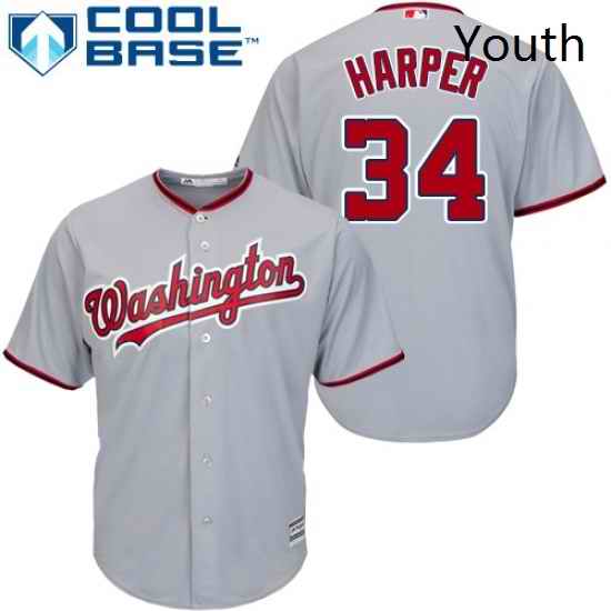 Youth Majestic Washington Nationals 34 Bryce Harper Replica Grey Road Cool Base MLB Jersey